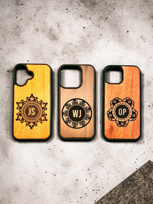 Monogram engraved iPhone wood case