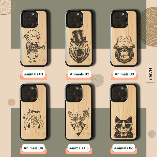 Animal light engraved iPhone wood case